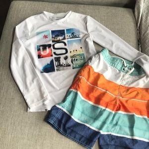 Boys swimsuit and long sleeve swim shirt.